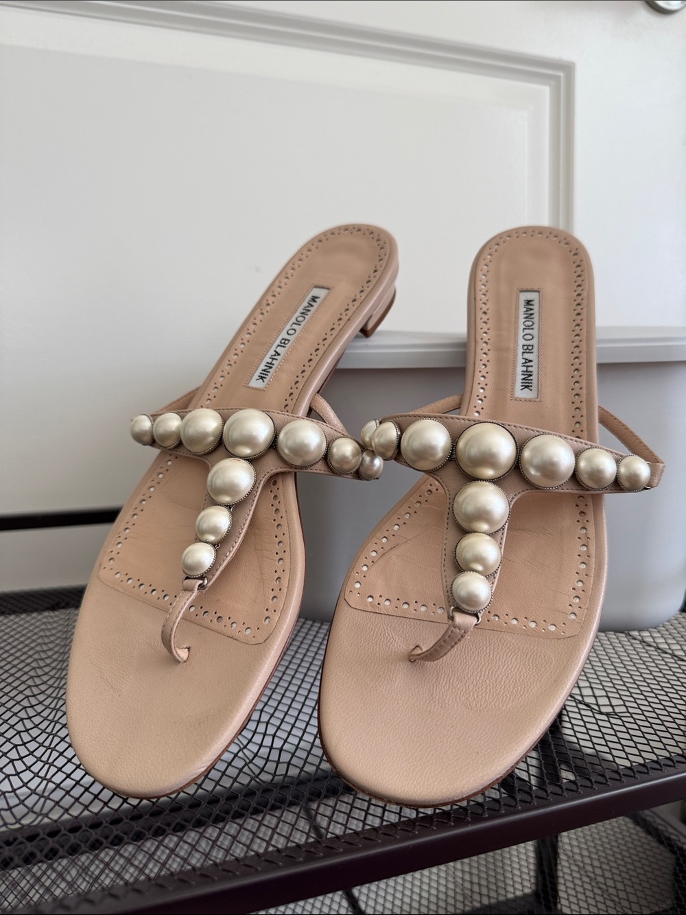 Manolo Blahnik Beige Pearl-Embellished Leather Thong Sandals
